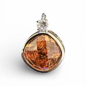 Sparkling Peach Orange Crystal Pendant | Silver Tone | Cushion Cut